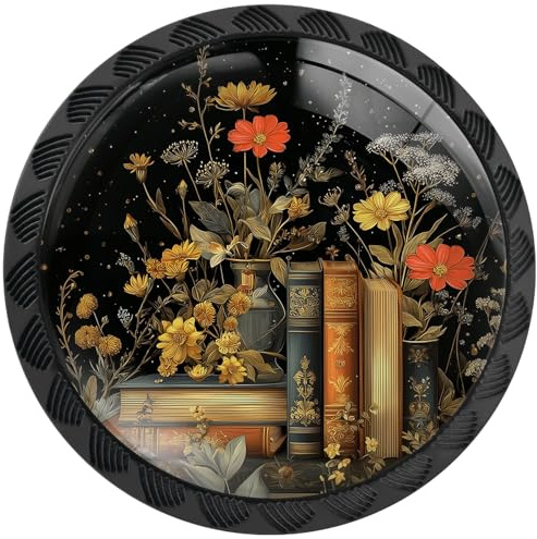Artinhand 4 Pack Botanical Book Flower Cabinet Knobs for Kitchen Bathroom | Vintage Drawer Pulls Round Black Dresser Handles Hardware for Desk Cupboard Wardrobe Closet Vanity Door Decor