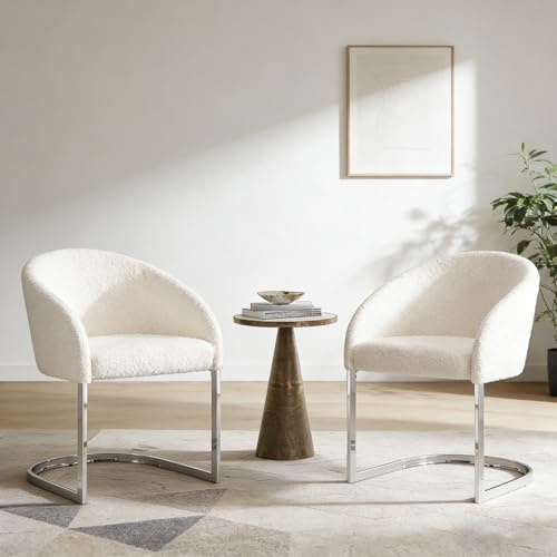 Bekrvio Esszimmerstühle 2er Set, Gepolsterter Armlehnstuhl mit Bouclé Stoff, 9cm Dicke Sitzfläche, Moderner Polsterstuhl mit Metallgestell, Küchenstuhl & Sessel Esszimmer Beige