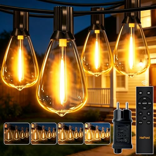 HeiPard Cadena de luces LED para exteriores con corriente 15 m, con mando a distancia, ST38, iluminación de jardín con 25+2 bombillas, temporizador y 3 modos, IP45, resistente al agua, luz blanca