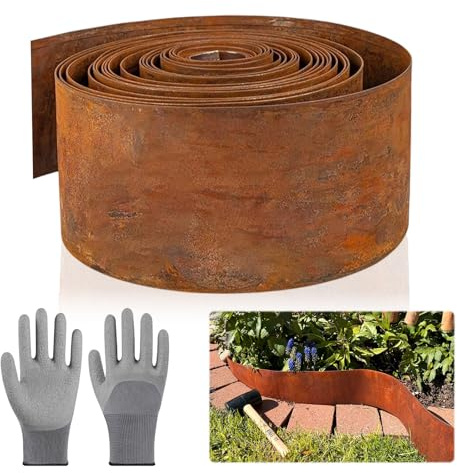 MOFXWHE gräskant av metall 10 m, rabattkant med rostoptik 15 cm hög, för att begränsa rabatter, trädgårdsvägar, träd, grusträdgårdar, väderbeständig, 1 par monteringshandskar ingår