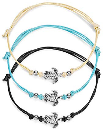 3 Stück Boho Stoff Leder Schildkröte Fußkettchen set für Frauen Kinder Mädchen,Verstellbar Zart Textil Turtle Damen Fußkette Lederband Knöchel Fußband Kette Geschenk für BFF Freundschaft Geburtstag