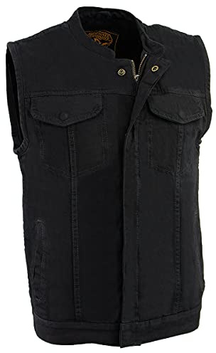 Milwaukee Leather MDM3000 Men's 'Brute' Concealed Snap Black Denim Club Style Vest w/Hidden Zipper - Large
