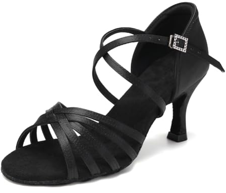 HIPPOSEUS Scarpe da Ballo Latino Americano per Donna Nero Professionale Scarpe da Ballo Sala da Ballo Salsa Danza Pratica Prestazioni Scarpe Tacco Alto 7cm,EU 39
