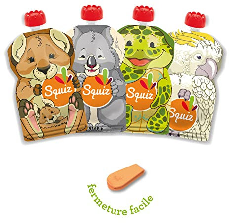 Set mit 4 wiederverwendbaren 130-ml-Quetschbeuteln | Australien-Kollektion | Für Babys, Kinder und Erwachsene | Für Kompott, Püree und Smoothies | Hergestellt in der Schweiz und Frankreich | Squiz