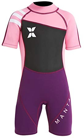 DIVE & SAIL Shorty Wetsuits for Kids One Piece Diving Suit Warm Swimsuit UV Protection Printed 2.5MM Swimwear Pink XL