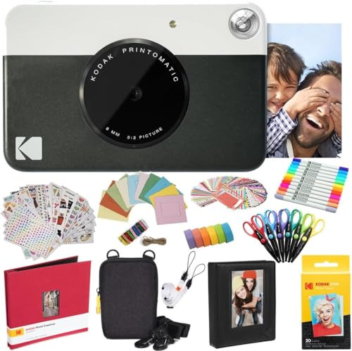 Kodak Printomatic Instant Camera (Schwarz) Komplettpaket + Zinkpapier (20 Blatt) + Luxusetui + Fotoalbum + 7 Aufklebersätze + Marker + Scheren + Randaufkleber und mehr
