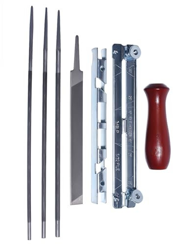 Mtanlo Chainsaw Sharpener File Kit 5/32 3/16 7/32 Inch Wood Handle Universal Chainsaw Field Sharpening Kit,Chainsaw File Include Files, Wood Handle, Depth Gauge, Filing Guide