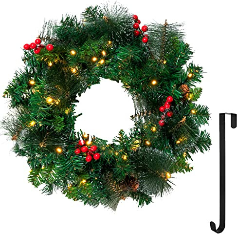 Joiedomi 20” Artificial Christmas Wreath Prelit with 15” Hanger, Decorated with 50 LED Lights, Red Berries, Pine Cones Glitter Pine Needles for Front Door Wall Christmas Decorations (Battery Operated)
