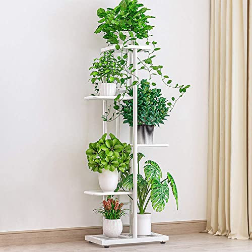 IBEQUEM Support de Plantes en Métal à 5 Niveaux, Plusieurs Étagères Forge Pour Pots de Fleurs, Étagère de Rangement Pour Intérieur ou Extérieur, Balcon, Jardin (Blanc)