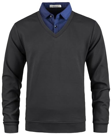 Yukirtiq Hombre 2 in 1 Suéter de Jersey con Cuello en V Manga Larga Otoño Invierno Jersey Básico Sudadera Pullover con Cuello de Camisa