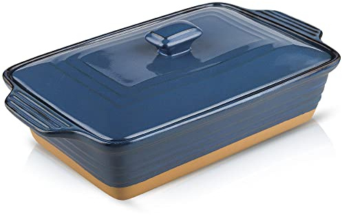 HVH Ceramic Casserole Dish with Lid Oven Safe, 3.5 Quart Large Casserole Dish, Covered Rectangular Casserole Dish Set, 9x13 Casserole Dish, Baking Dishes for Casseroles, Farmhouse Style (Blue)