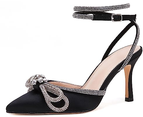 VETASTE Damen-Sandalen mit doppelter Schleife, spitzer Zehenpartie, Knöchelriemen, Kristall-Pumps, Hochzeit, Brautparty, Stilettos, rückenfrei, Satin-Absatz, Sandalen, Schwarz, 39 EU