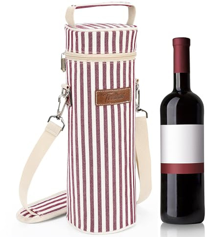 Kato Tirrinia Single Wine Cooler Bags with Shoulder Strap - Insulated & Padded Portable Wine Tote Carrier for Travel, Picnic, Beach Gift for Wine Lover, Red Stripe