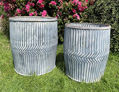 Set of 2 Galvanised Chevron Dolly Tub | Metal Steel Garden Flower Pot Trough Planter