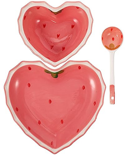 BESTonZON 3-Piece Ceramic Heart-Shaped Dessert Bowl Set - Cute Pink Porcelain Bowls with Spoon for Salads, Snacks, and Ice Cream, Multi-Function Tableware for Home Entertaining and Serving
