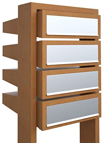Sistema de buzón, diseño Stairs for Four Rostro con tapa de acero inoxidable – Bravios en óxido con acero inoxidable
