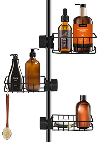 Kamfwert Set de 3 tablettes de douche en acier inoxydable - Ne nécessite aucun perçage - Pour barres de douche de 18 à 27 mm - Noir