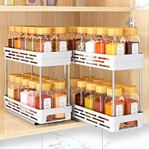 Pull Out Spice Rack Organizer for Cabinet, 2 Pack Slide Out Spice Racks Organizer, Spice Cabinet Organizers, Cabinet Size Need:12'' Highx11'' Deepx5'' Wide,Hold 10 Spice Jar Each Tier-2Tier, White