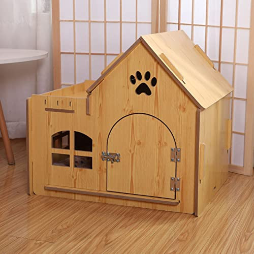 Animal de Compagnie détachable en Bois de Maison de Chien de Chat avec la cabane extérieure de rondin de Maison de Chien de fenêtre pour l'extérieur d'intérieur (with Door)