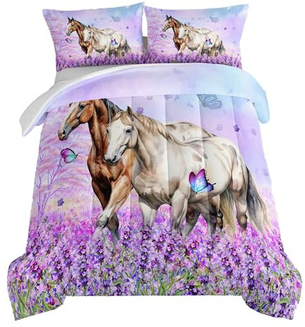 HOSIMA Farm Animal Bedding Set Horse Comforter,Butterfly Lilac Floral Comforter Tween Bedding Sets for Girls Couple Room Decor Aesthetic Chic Twin Comforter Set with 2 Pillowcases.
