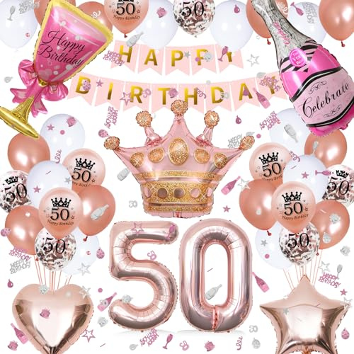 Waziwe Deko 50 Geburtstag Frau, 50. Geburtstagsballons in Verschiedenen Formen und Farben, Geburtstagsbanner und Tischdeko Machen Ihren Tag Unvergesslich