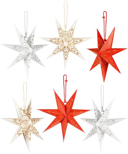 BRUBAKER 6 Etoiles de Noël en Papier - Set de Décoration d'Etoiles - Grandes Etoiles en Papier pour la Décoration de l'arbre - Décoration Festive de Noël - Etoiles Pliantes de 20 cm - Rouge Blanc