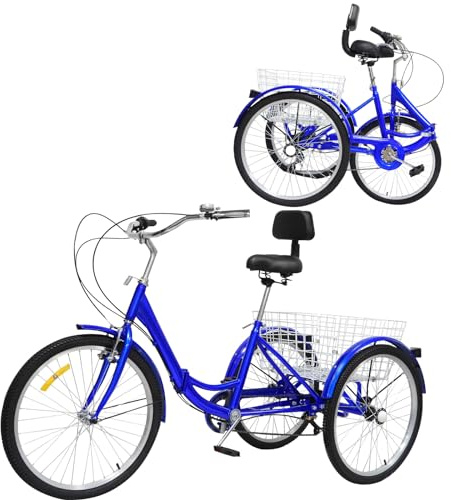 24 tum 7-växlad vuxna vikbar trehjuling med korg 3-hjuls vuxna seniorer justerbar trike cykel lastcykel för utomhussporter