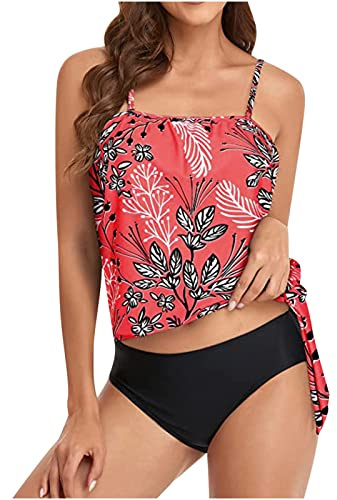 Two Piece Swimming Costume Women Bandeau Swimsuits Loose Fit Swim Tank Top with Shorts Swimwear Womens Bandeau Blouson Tankini Tops High Waisted Bikini Bottoms Two Piece Bathing Suits Tankini Sets