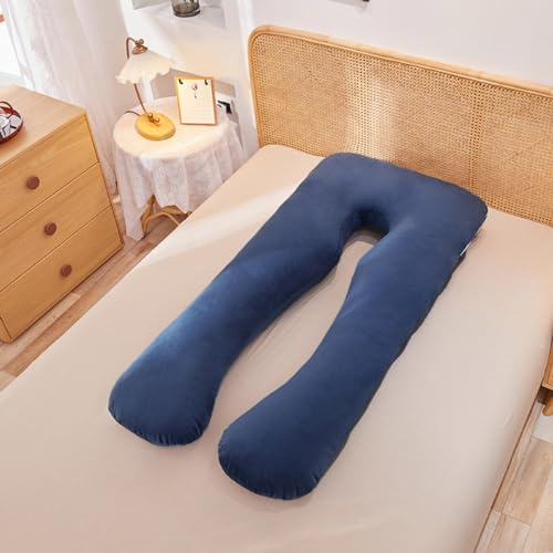LWODANU Almohada multifuncional para embarazadas, almohada lateral, algodón puro, extraíble y lavable, almohada para siesta en forma de U y cojín (terciopelo de cristal, azul marino)