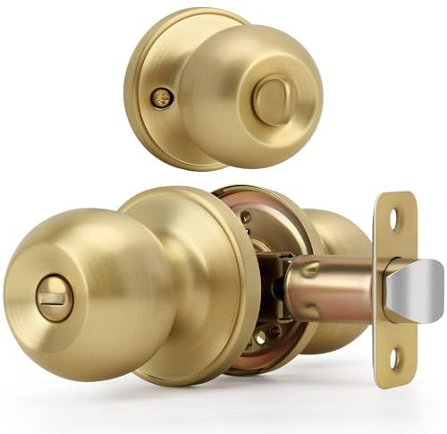 LOQRON Brushed Gold Ball Design Door Knob with Lock, Privacy Round Shaped Keyless Doorknob for Bathroom/Bedroom, Satin Brass Finish