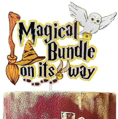 Festus Magical Bundle On Its Way Cake Topper, Welcome Baby Muggle Cake Topper, Wizard Magic Baby Shower Decoration, Magic Themed Gender Reveal Party Supplies, Owl Broom Magic Lightning Cake Decor
