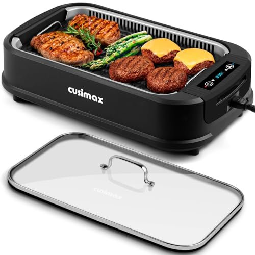 Indoor Grill, CUSIMAX Electric Smokeless Grill, 1500W, Removable Non-Stick Grill Plate, with LED Smart Display & Tempered Glass Lid, Dishwasher Safe Parts, Black