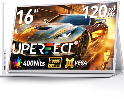 UPERFECT 16 120Hz Monitor Portátil con Smart Cover, 106%sRGB 1080P 16:10 Gaming Monitor Ultra Delgado Metal,Protección Ocular-Segunda Pantalla Externa para Laptop/PC/Consolas de Juegos, Soporte VESA