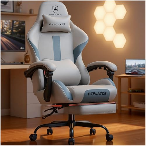 GTPLAYER Gamingstol, spelstol, andningsbar kontorsstol i tyg av hög kvalitet, ergonomisk PC-stol, justerbar och svängbar kontorsstol med fotstöd, Grå