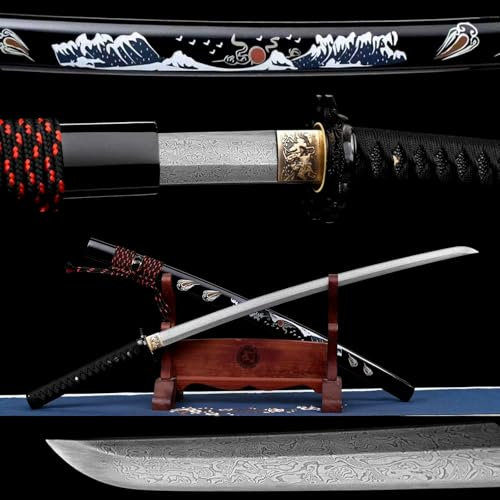 103cm handgefertigtes Samurai-Schwert,Musterstahl klinge mit brennendem Muster,Scheide aus massivem Holz mit Lack,echtes Katana-Schwerts zum Spielen,Kampfsport,Selbstverteidigung,Kendo-Training,Iaido