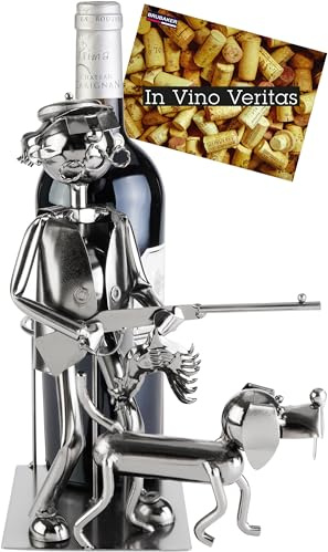 BRUBAKER Weinflaschenhalter Jäger mit Jagdhund - Flaschenhalter aus Metall - Jagd Geschenk Metallfigur mit Hund - Weingeschenk Flaschenständer mit Geschenkkarte - Farbe: Silber
