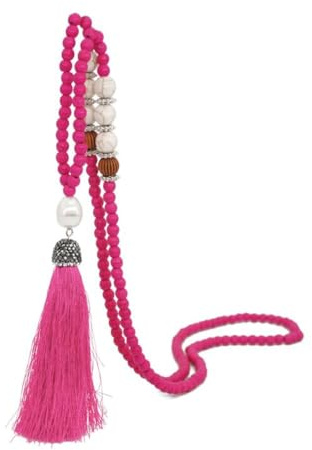 Whakano Böhmen Perlen Ketten,Runde Perle Handgemachte Halskette,Damen-Halskette Mit Quaste Anhänger,Pullover Kette Halsschmuck,Elegant Perlenkette Halsschmuck für Frauen Mädchen,Rosenrot