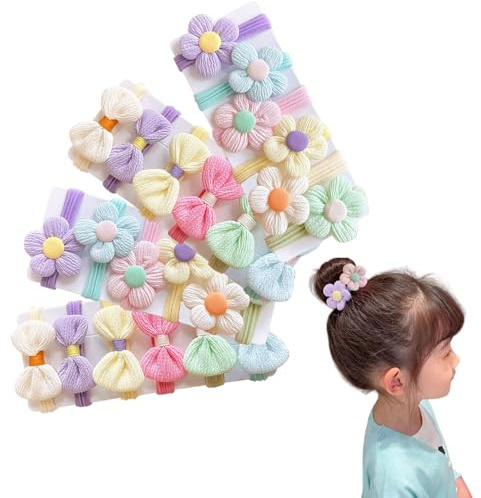 Kinder-Haarbänder, nahtlose Schleifen und Blumen, elastische Haargummis, Pferdeschwanz-Halter, Mädchen-Haar-Accessoires für Babys, Mädchen, Säuglinge, Kinder (bunte Schleifen und Blumen, 24 Stück)