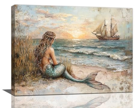 Mermaid Bathroom Wall Art, Beach Ocean Sunset Canvas Wall Decor, Rustic Coastal Sailboat Framed Painting, Natural Landscape Artwork for Living Room Bedroom 16L'' × 12W''