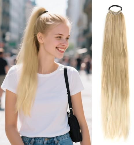 Ponytail Extensions Haarteile 60 cm, Pferdeschwanz Zopf Extension Kachi Beige Farbverläufe, Aussehen Natürlich Pferdeschwanz Haarteil für Damen und Mädchen Haarverlängerung Zopf