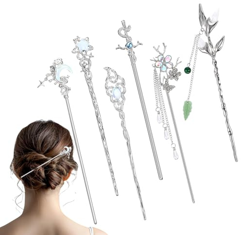 6 Pcs Hair Sticks, Silver Chinese Hair Pins for Buns, Vintage Hairs Chopsticks with Pendants for Women Girls Long Hairs