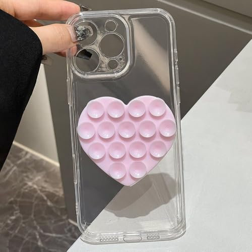 LYWZDZQ Custodia a ventosa con motivo a cuore 3D per iPhone 16 Pro 14 13 11 12 15 Pro Max 16e XR XS X 7 8 Plus SE Cover trasparente, rosa chiaro, per iPhone 14Pro Max
