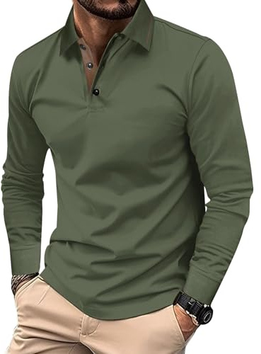 Comilaka Herr polo casual långärmad bomull polotröja topp kontrastfärg höst vinter klassisk, Färg: grön, XL