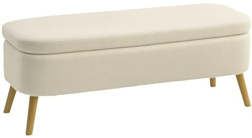 HOMCOM Banc de Rangement, Bout de lit en Polaire Teddy, Coffre de Rangement avec Couvercle, Pieds en Bois, capacité 65 L, jusqu'à 220 kg, Banquette pour Salon, Chambre, entrée, 120x42x45cm, Beige