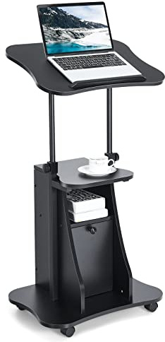 GYMAX Stehpult höhenverstellbarer 68-114 cm, Rednerpult Podiumständer mit 180° neigbarer Tischplatte, Aufbewahrungsfächern & Schrank, Laptoptisch für Klassenzimmer, Hörsaal (Schwarz)