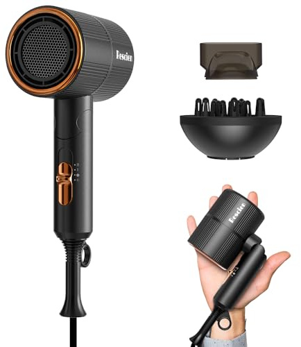 Secador de Pelo Iónico 2000W RESCIEN con Concentrador & Difusor [Pequeño/Plegable /2026NEW - 10 x 7 x 19cm / 250g] Secador de Viaje, Hair Dryer de secado rápido, Secador de salón, silencioso (Negro)