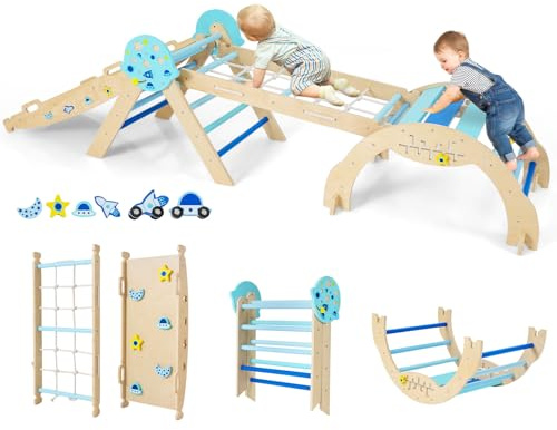 COSTWAY Klettergerüst Indoor 4er Set, klappabres Kletterdreieck mit Rutsche, Kletterbogen, Netz, inkl. doppelseitige Rampe, Baustein Set & 2 Autos, Universum Sprossendreieck Holz für Kinder ab 1 Jahr