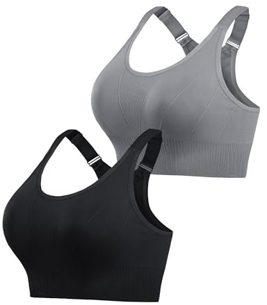 Aseniza Sports Bra Women High Impact Removable Pads Shock Absorber Full Coverage Comfortable Plus Size Activewear 2 Pack(Black+Grey-L)