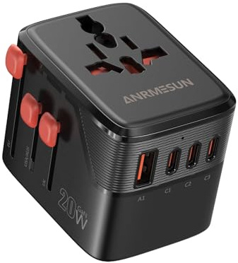 ANRMESUN Adaptador Enchufe Universal, Internacional Adaptador de Viaje con 3 USB-C(PD 20W) y 1 USB-A, Enchufe Viaje para EU, UK, Americano, Japon, Australia, Negro