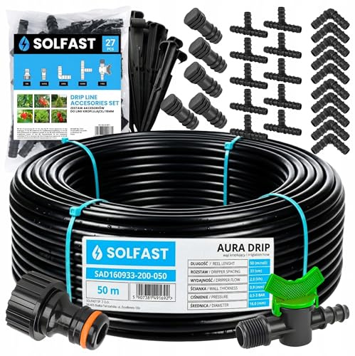 SOLFAST Kit tuyau d'arrosage goutte à goutte 50 m 16 mm – Système d'irrigation goutte à goutte pour jardin, serre, plantes, parterre, haie, irrigation automatique du jardin